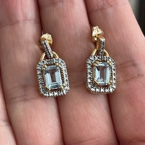 Vintage Jewelry - 2 carat lab grown aquamarine & diamond 14K gold plated 925 silver drop earrings
